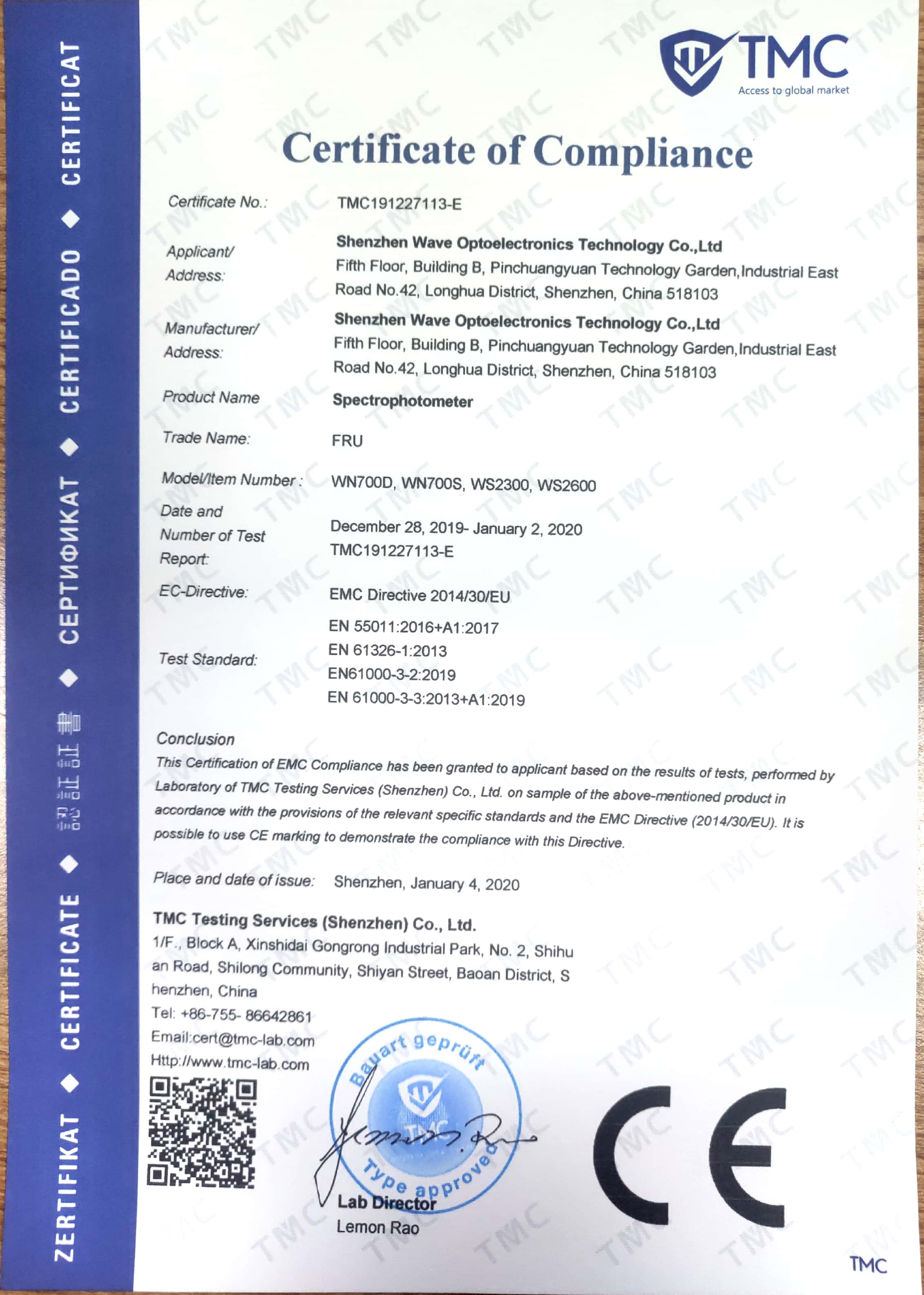 WN WS spectrophotometer CE RoHS
